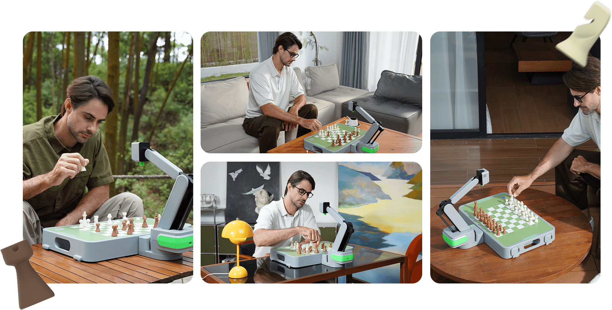 Collage of a man playing chess outdoors, indoors, and with a portable chessboard.