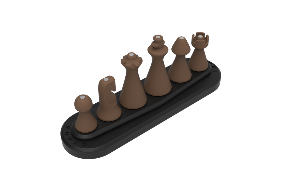Set of brown Cynus chess pieces on a black base
