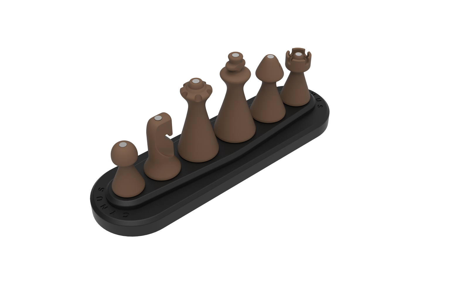 Set of brown Cynus chess pieces on a black base