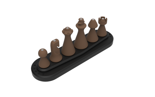 Set of brown Cynus chess pieces on a black base