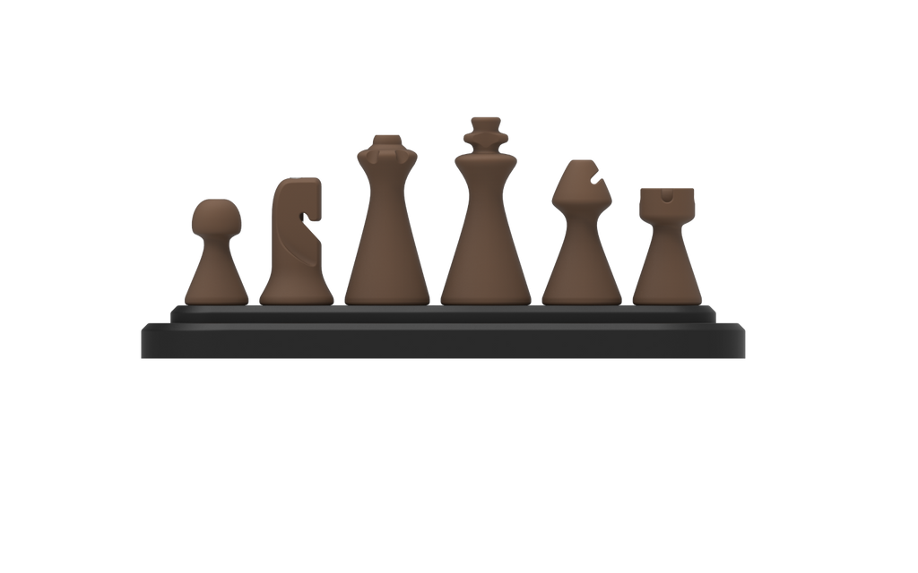 Set of brown Cynus chess pieces on a black base against a white background
