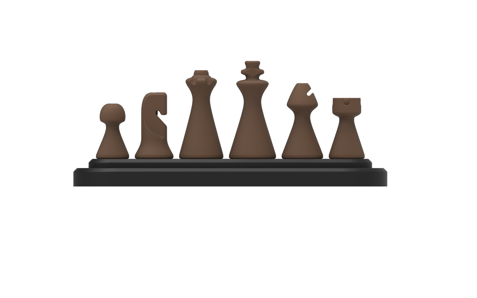 Set of brown Cynus chess pieces on a black base against a white background