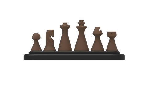 Set of brown Cynus chess pieces on a black base against a white background