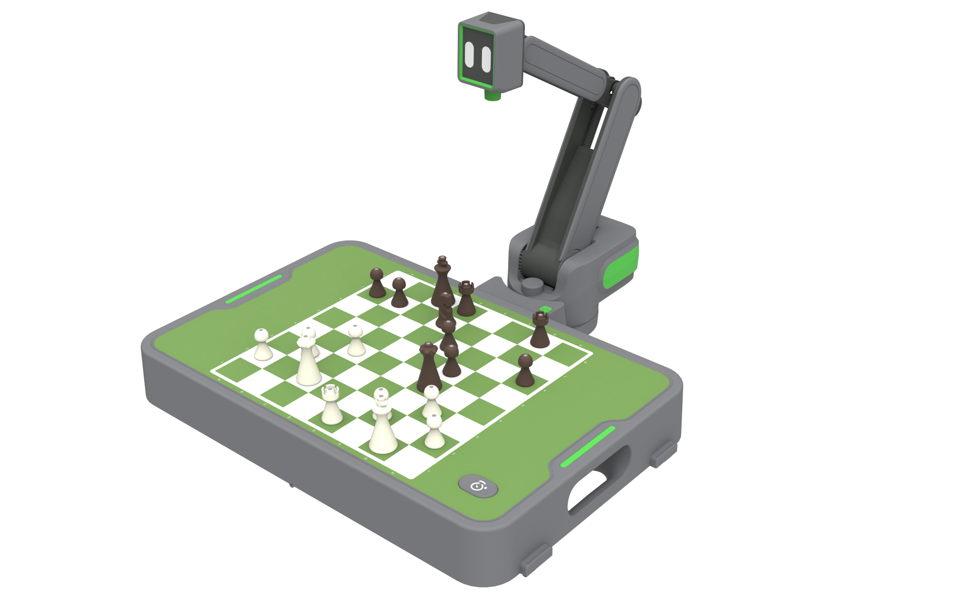 Cynus chessboard with chess pieces and a robotic arm on a white background