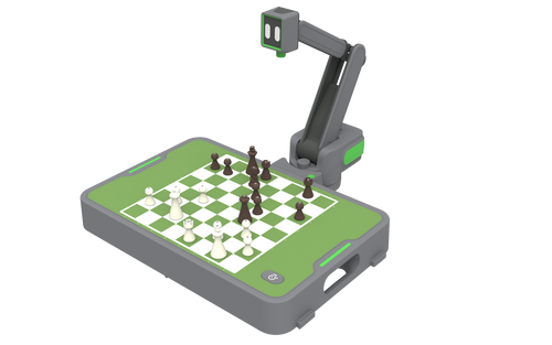 Cynus chessboard with chess pieces and a robotic arm on a white background