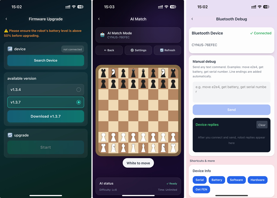 Three Cynus chess app screenshots showing different app interfaces: firmware upgrade, AI match mode, and Bluetooth debug. 
